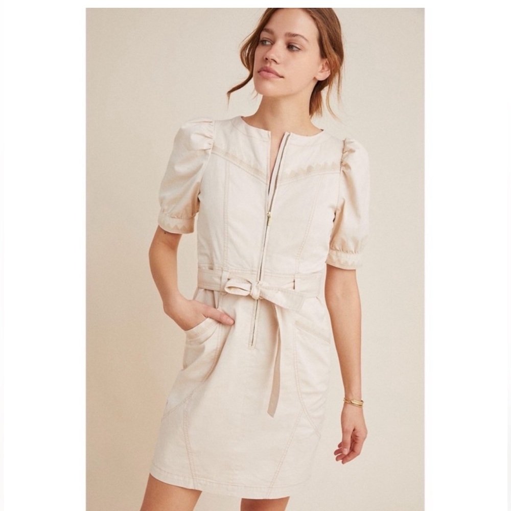 Anthropologie Cream Short-Sleeve Mini Dress